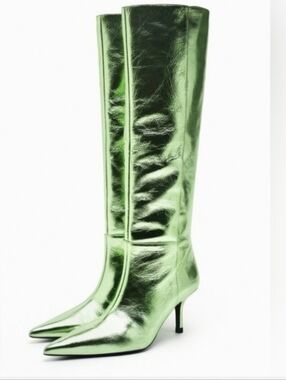 Zara Metallic Green Knee-High Pointed Toe Boots Nwt 7.5 38